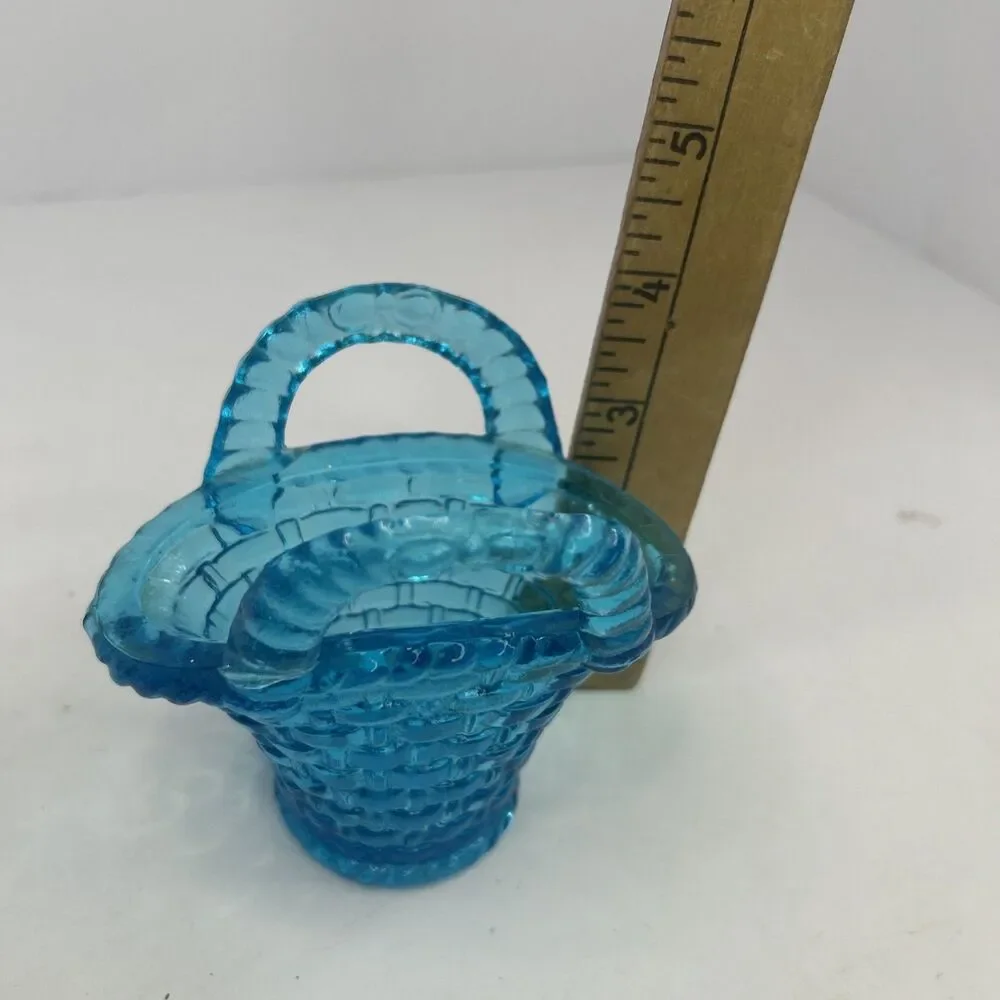 Vintage Aqua Blue Glass Mini Basketweave Trinket Dish Toothpick Holder